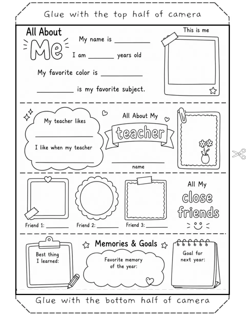 Year reflection insert with a teacher ribbon banner, cloud prompts on what my teacher likes, friend frames and goals