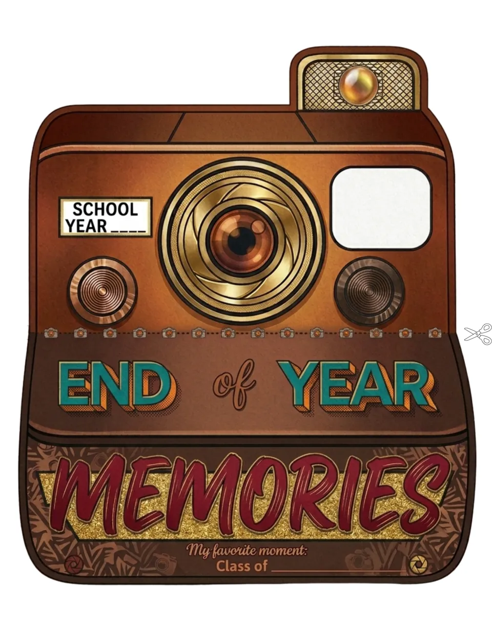 Brown and gold camera cut-out piece with teal End of Year title, red Memories lettering and a Class of blank
