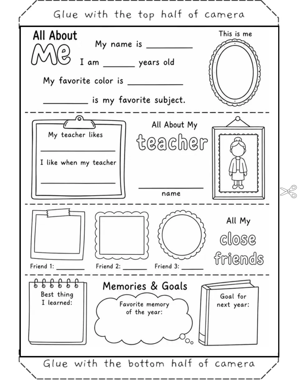 Memory insert with a framed teacher drawing, clipboard teacher prompts, three friend frames and a best thing I learned note