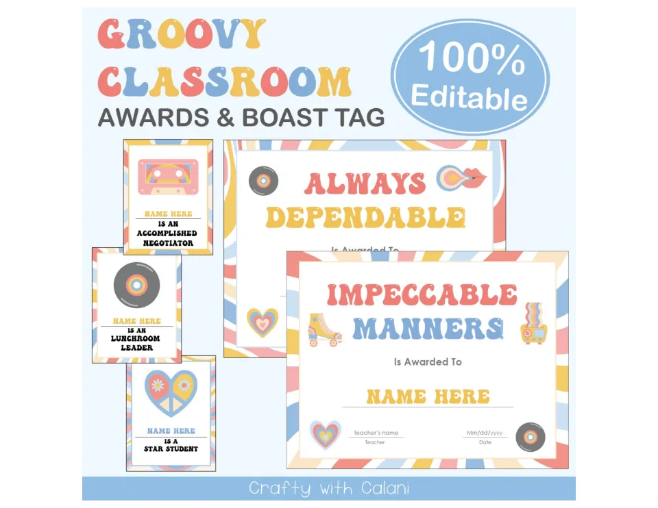 Classroom awards and boast tags cover showing Always Dependable and Impeccable Manners certificate samples
