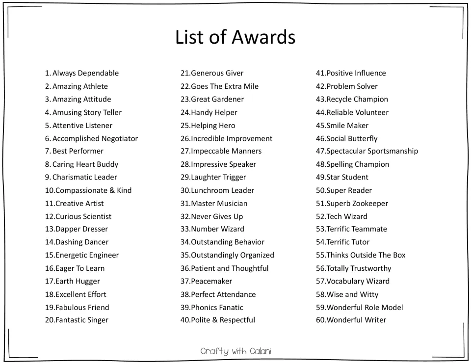 List of 60 classroom awards, including Always Dependable, Impeccable Manners, and Wonderful Writer