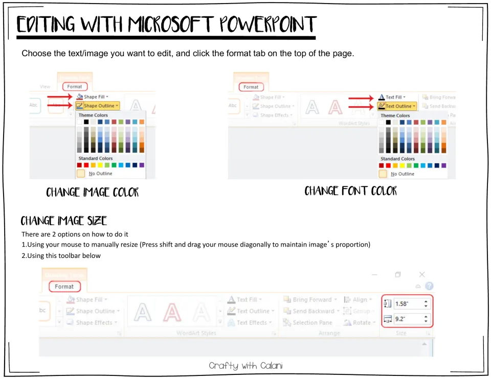 Microsoft PowerPoint editing instructions for changing award image colors, font colors, and image sizes