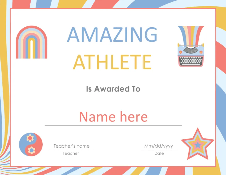 Amazing Athlete award certificate with editable placeholders for the student's name, teacher's name, and date
