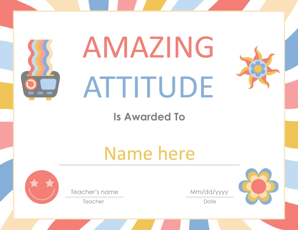 Amazing Attitude award certificate with editable placeholders for the student's name, teacher's name, and date