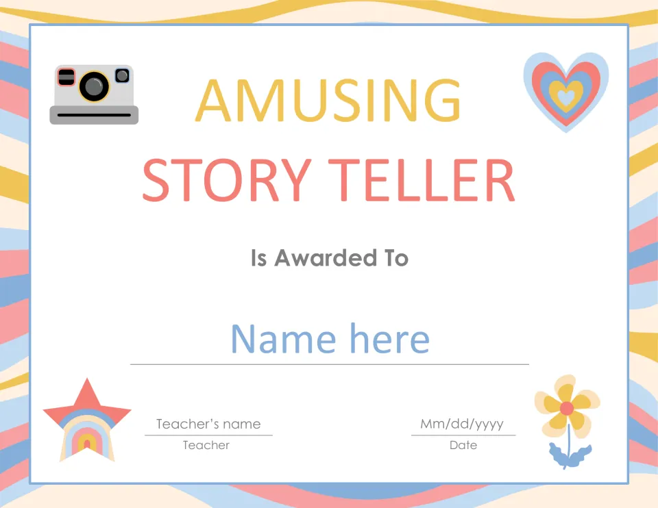 Amusing Story Teller award certificate with placeholders for the student's name, teacher's name, and date