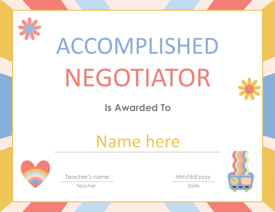 Accomplished Negotiator award certificate with placeholders for the student's name, teacher's name, and date