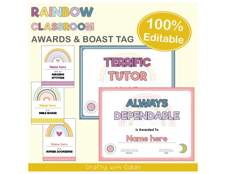 Classroom awards and boast tag cover showing Terrific Tutor and Always Dependable certificates and sample tags