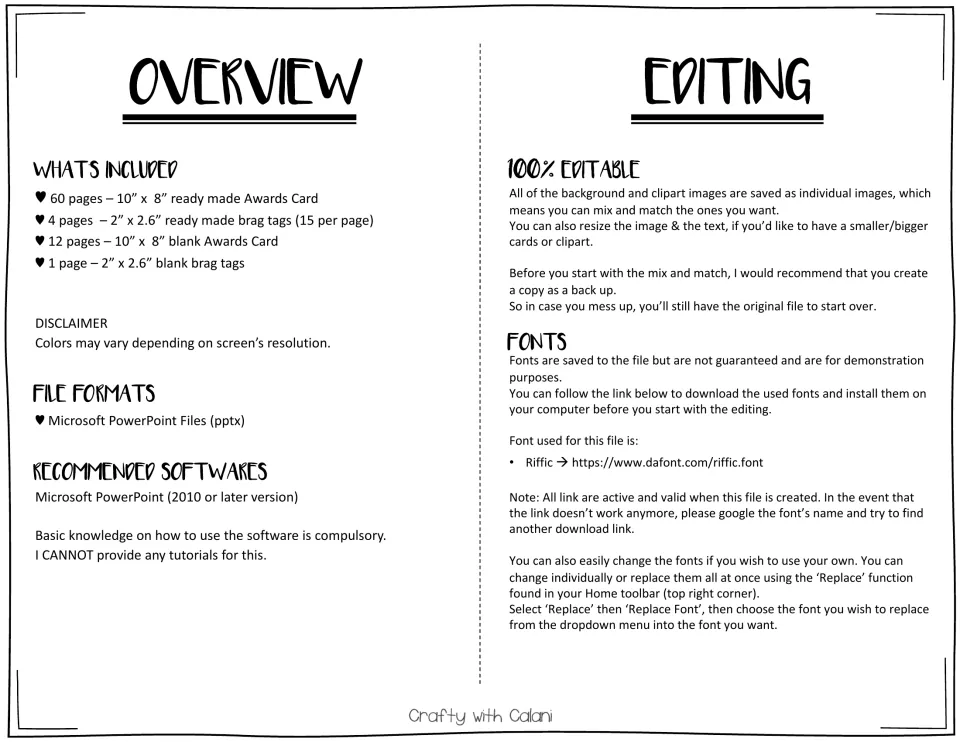 Awards set overview listing certificate and brag-tag counts, PowerPoint file format, and editing guidance