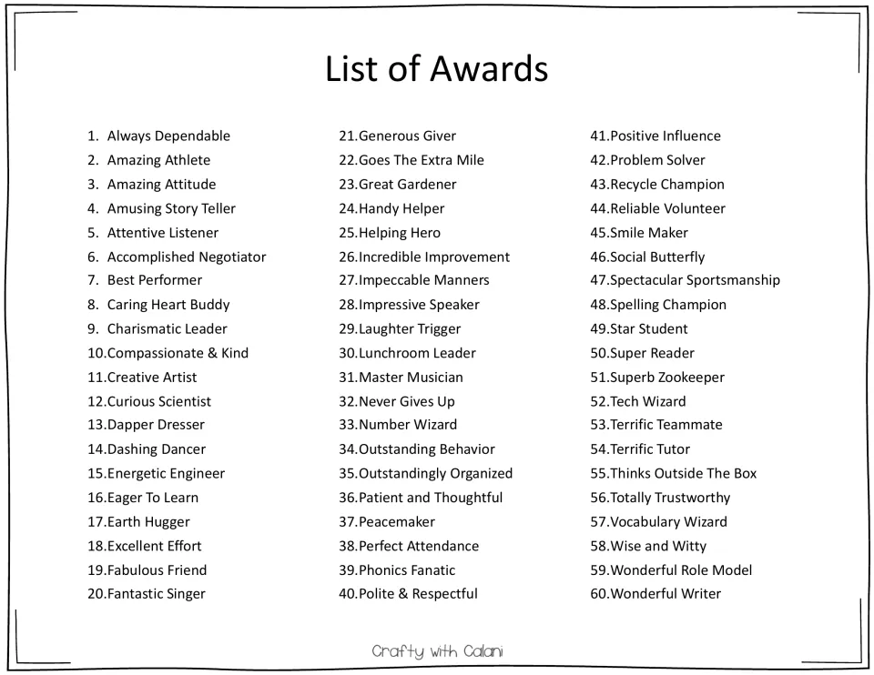 List of 60 classroom awards, including Always Dependable, Amazing Athlete, Amazing Attitude, and Wonderful Writer