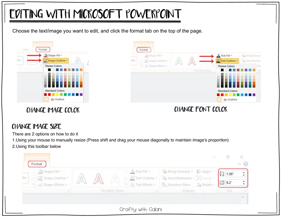 Microsoft PowerPoint editing instructions for changing image color, font color, and image size in the awards set