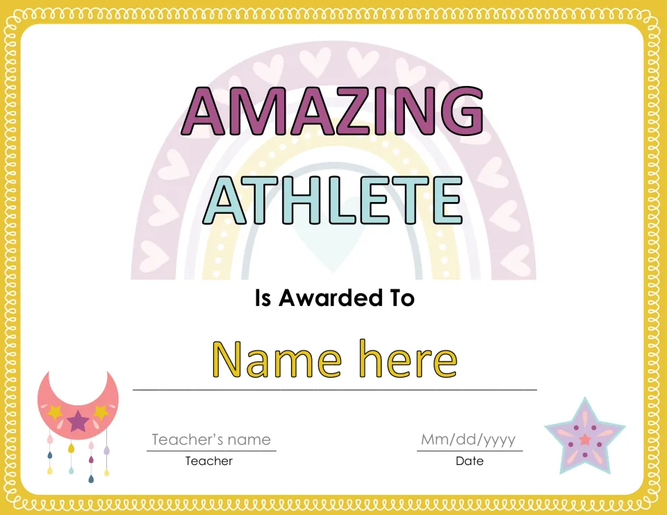 Amazing Athlete award certificate with editable placeholders for the student's name, teacher's name, and date