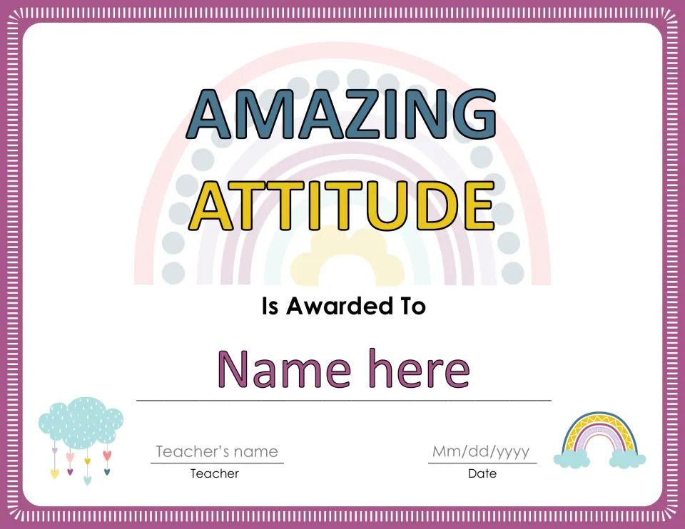 Amazing Attitude award certificate with editable placeholders for the student's name, teacher's name, and date