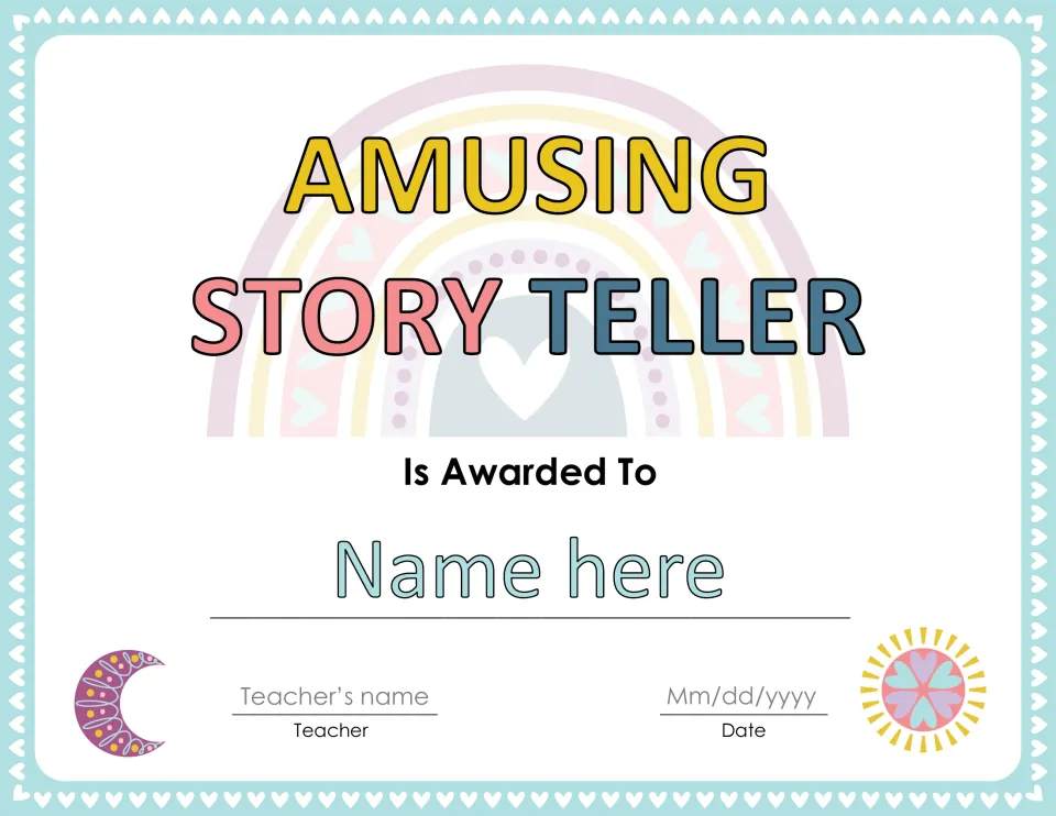 Amusing Story Teller award certificate with editable fields for the student's name, teacher's name, and date