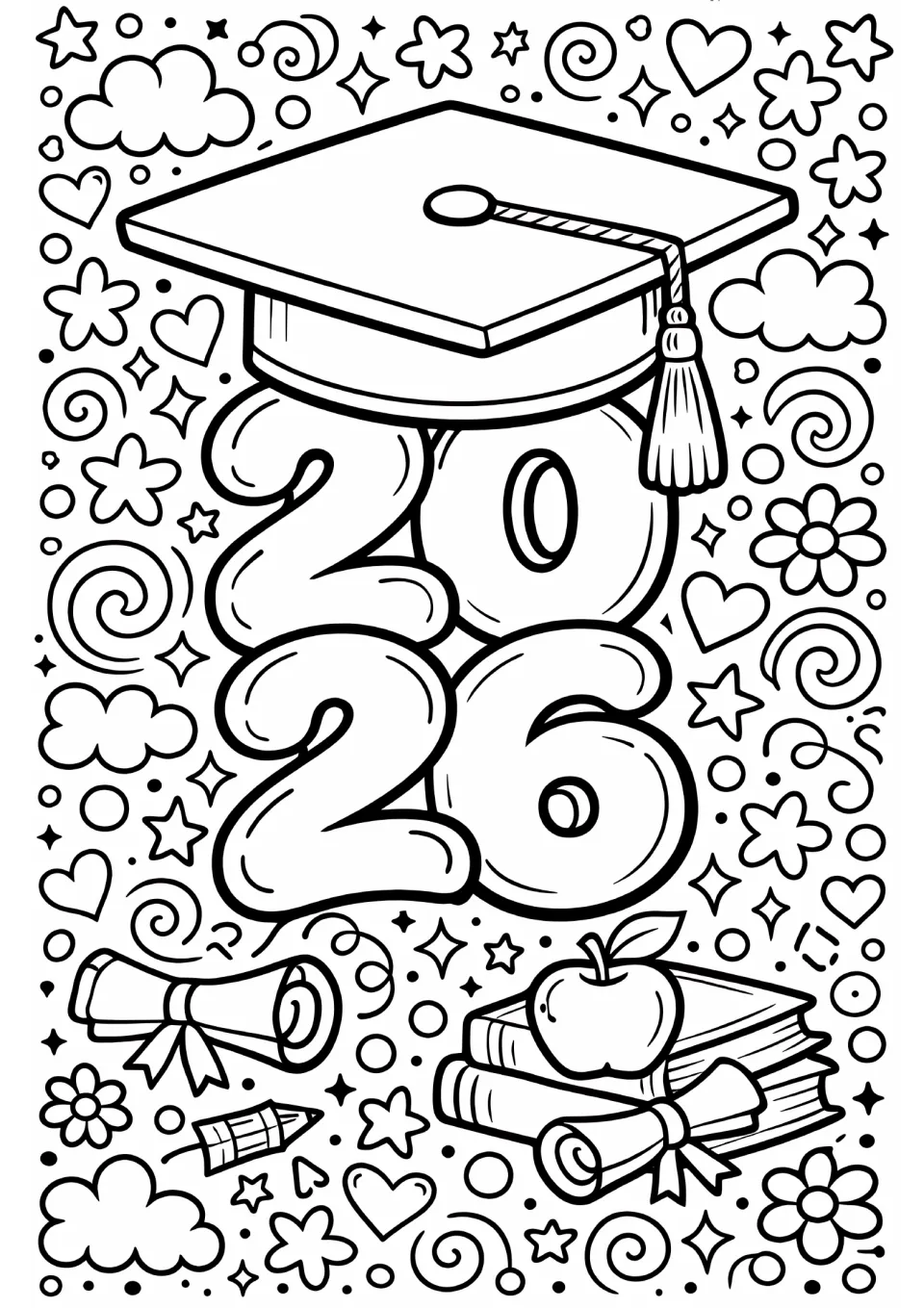End-of-year coloring sheet featuring large 2026 numerals beneath a graduation cap, with diplomas and books