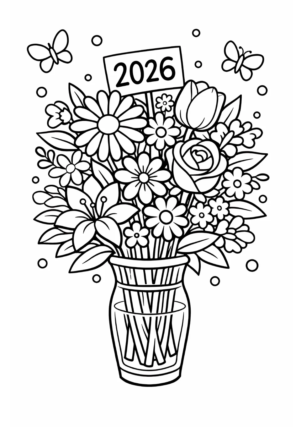 End-of-year coloring sheet featuring a flower bouquet in a vase, a 2026 sign, and two butterflies above