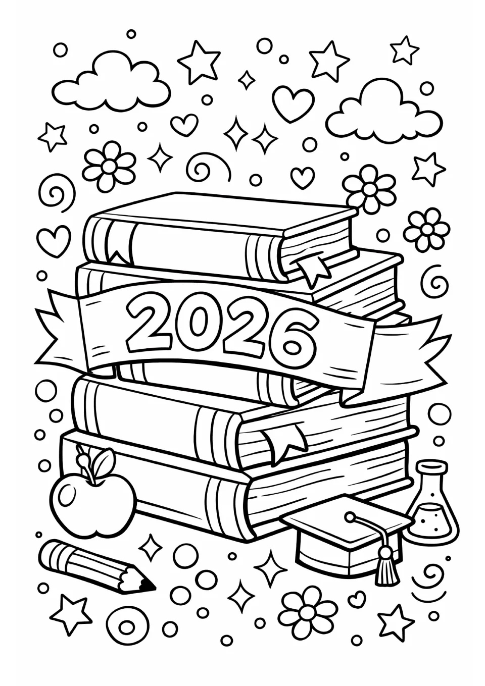 End-of-year coloring sheet featuring a stack of books wrapped in a 2026 banner, an apple, and a graduation cap