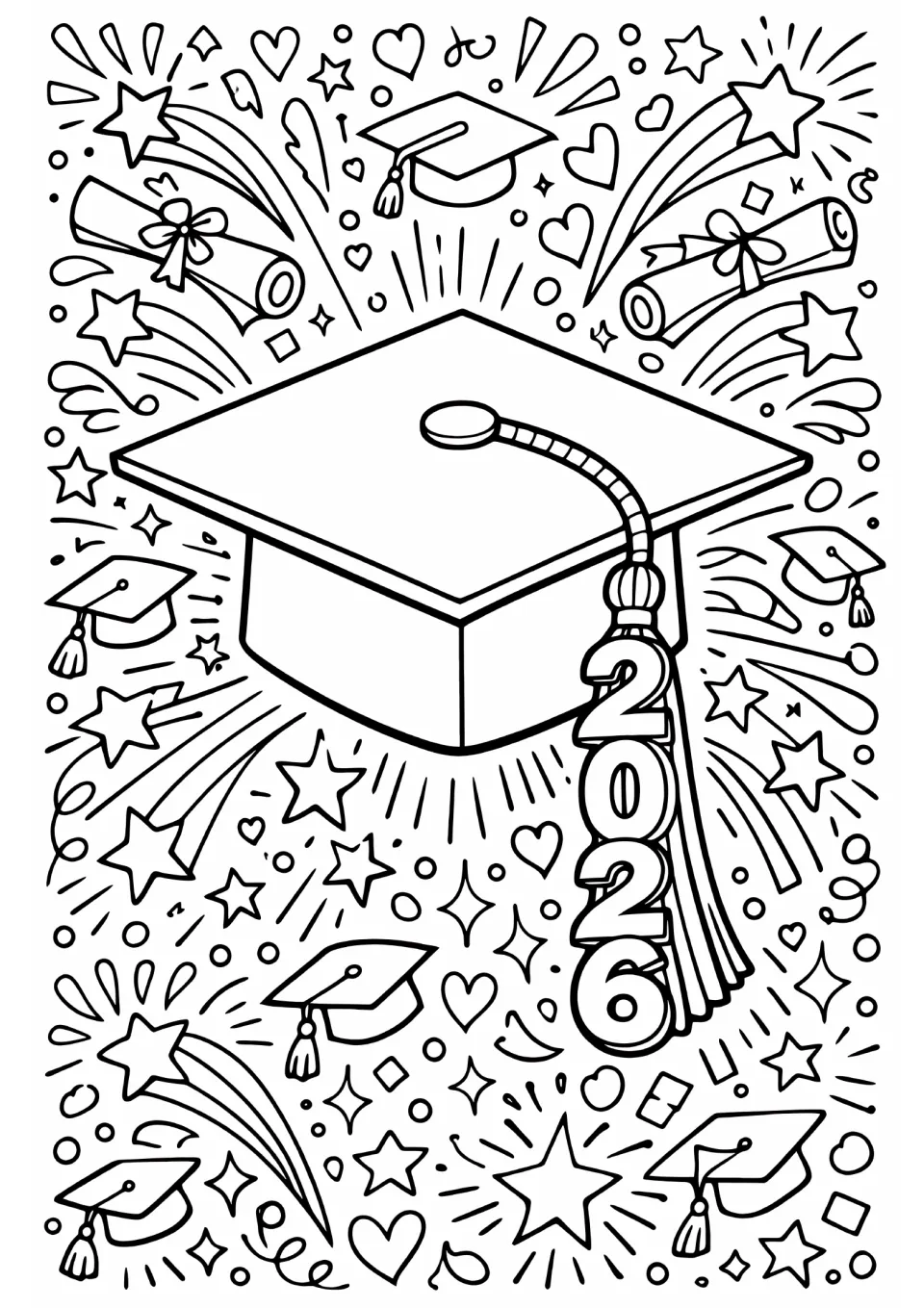 Graduation coloring sheet featuring a large cap with 2026 hanging vertically from its tassel among diplomas