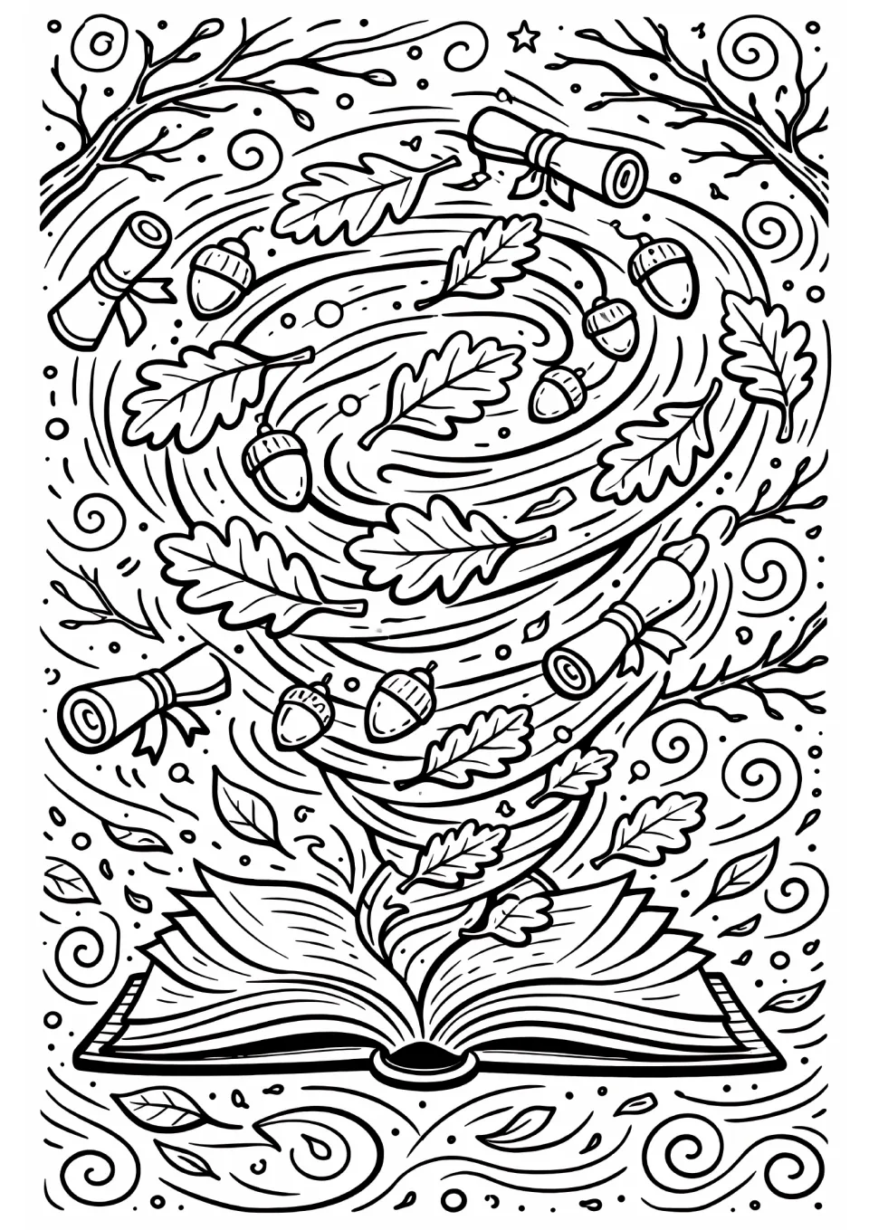 End-of-year coloring sheet featuring an open book beneath swirling oak leaves, acorns, and rolled diplomas
