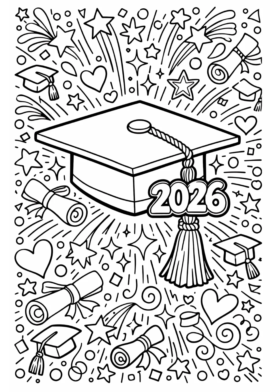 Graduation coloring sheet featuring a large cap with a horizontal 2026 tassel charm and surrounding diplomas