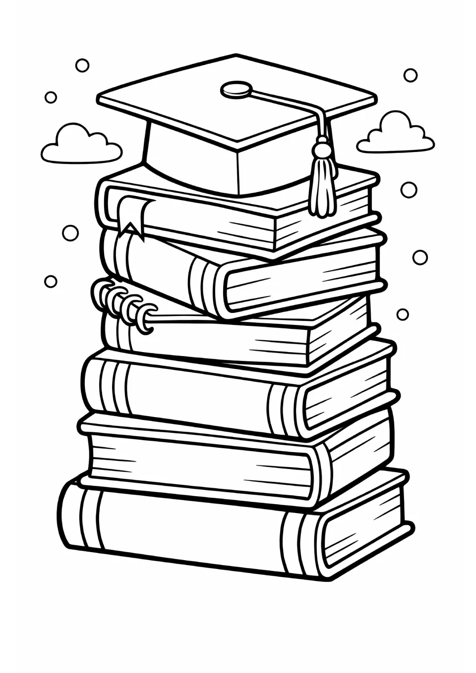 End-of-year coloring sheet featuring a graduation cap resting on a tall stack of books, including a spiral notebook
