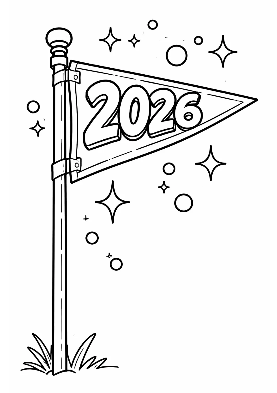 End-of-year coloring sheet featuring a triangular pennant labeled 2026 on a tall pole with grass at its base