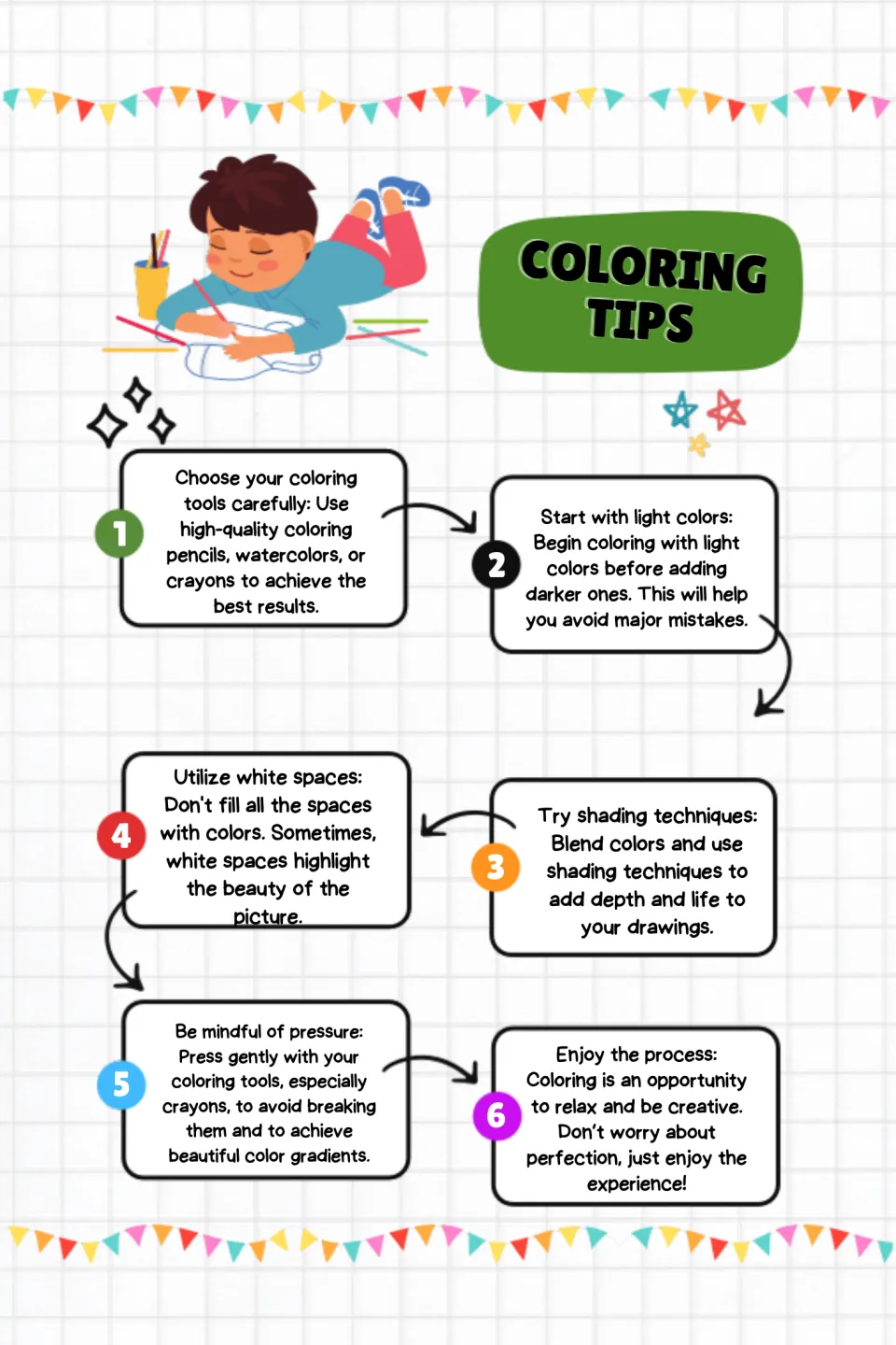 Coloring tips page gives six suggestions on tools, light colors, shading, white space, pressure, and enjoyment.