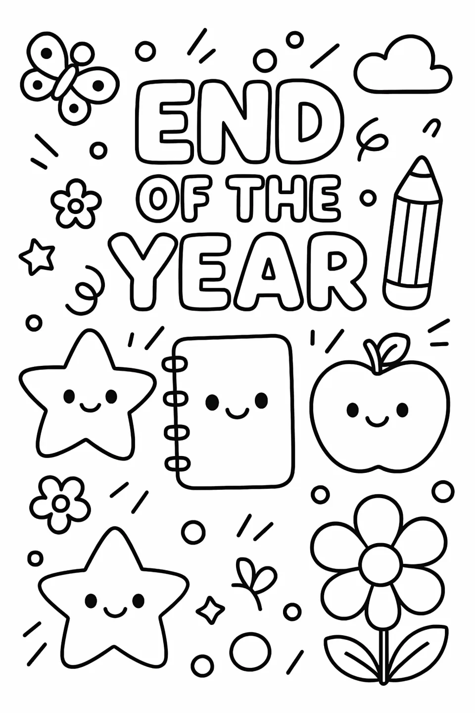End-of-year coloring sheet says "END OF THE YEAR" with a butterfly, notebook, apple, pencil, and flowers.