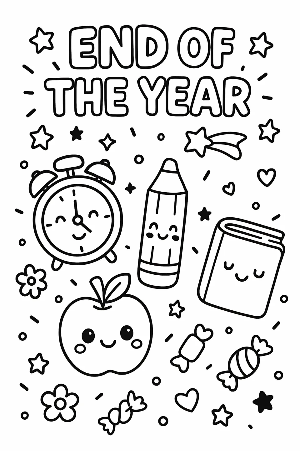 End-of-year coloring sheet says "END OF THE YEAR" with a smiling alarm clock, pencil, book, apple, and candy.