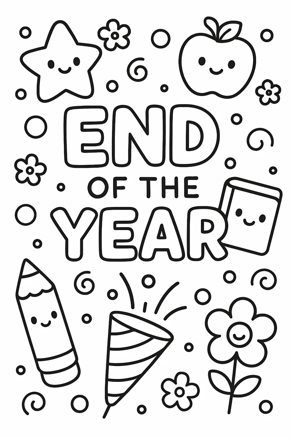 End-of-year coloring sheet says "END OF THE YEAR" with a smiling star, apple, book, pencil, and party popper.