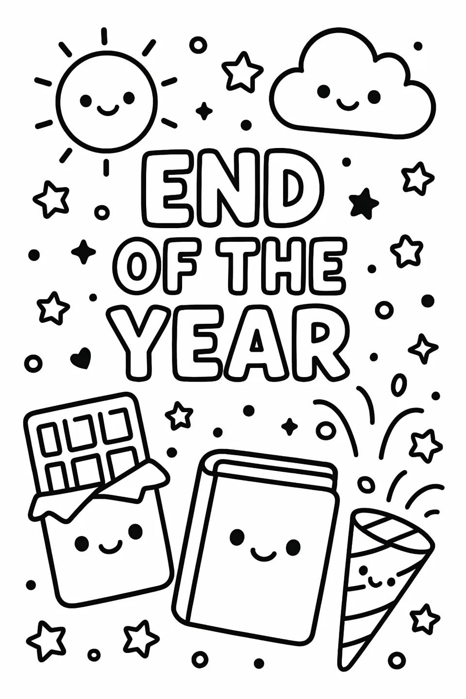 End-of-year coloring sheet says "END OF THE YEAR" with a smiling sun, cloud, chocolate bar, book, and popper.