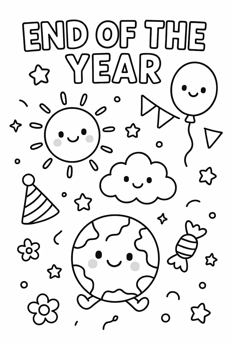 End-of-year coloring sheet says "END OF THE YEAR" with a smiling Earth, sun, cloud, balloon, and party hat.