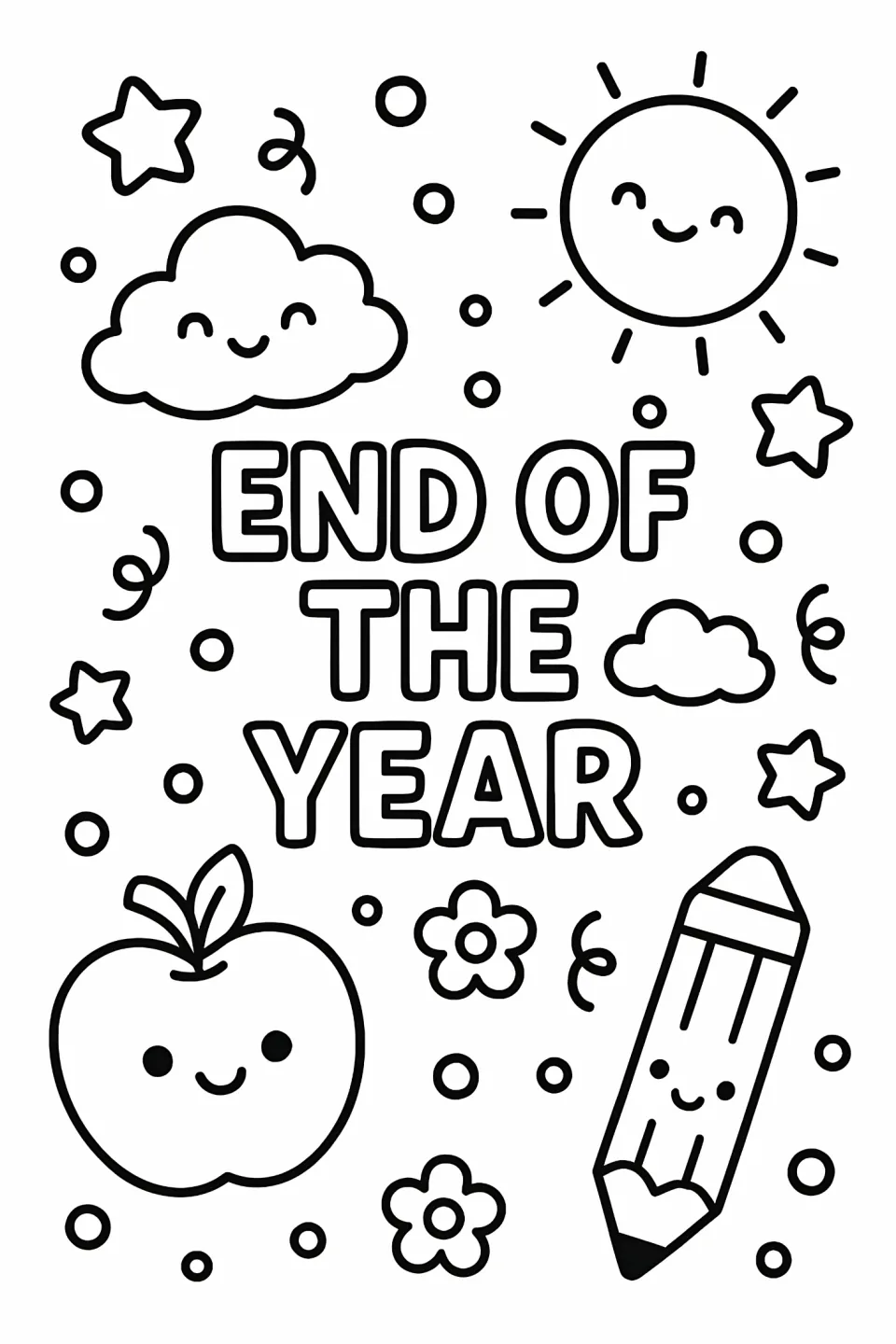 End-of-year coloring sheet says "END OF THE YEAR" with a smiling sun, clouds, apple, pencil, and flowers.