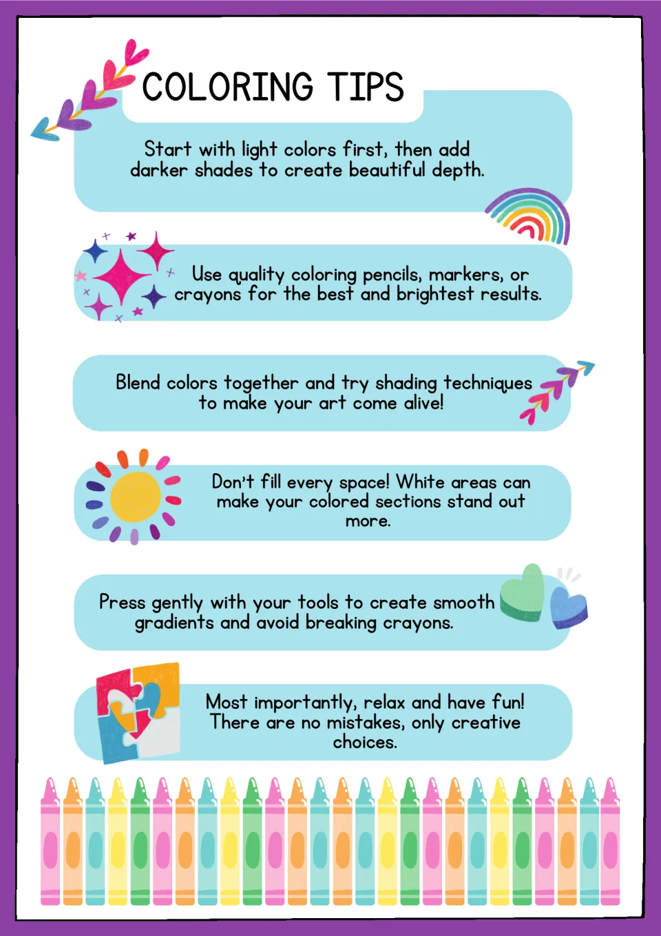 Coloring tips page offers six suggestions on light colors, tools, blending, white space, and gentle pressure