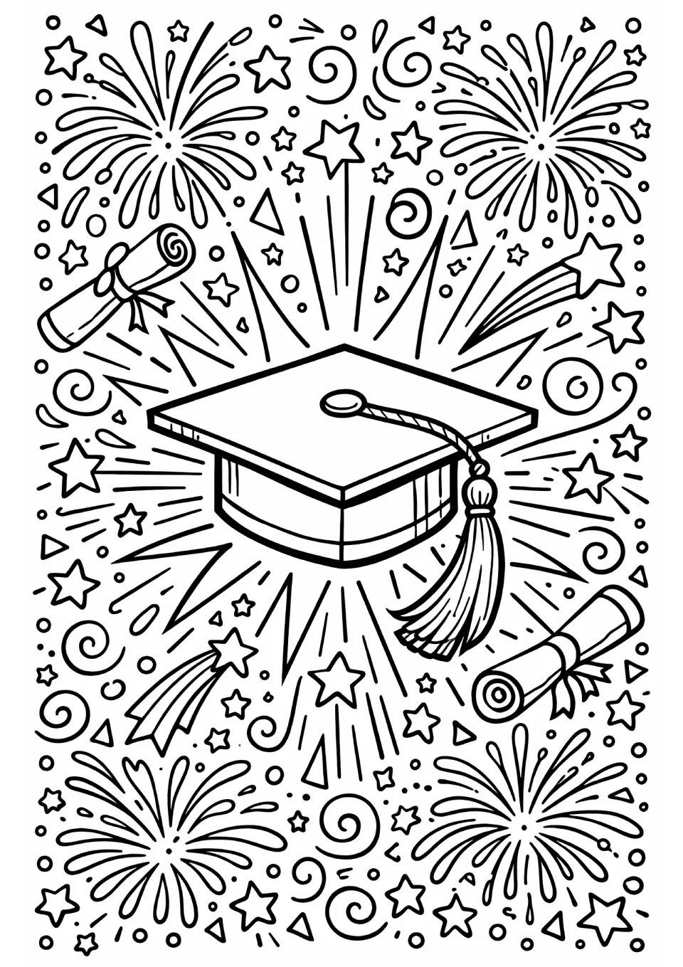 End-of-year coloring sheet featuring a graduation cap and tassel, two diplomas, and bursting fireworks