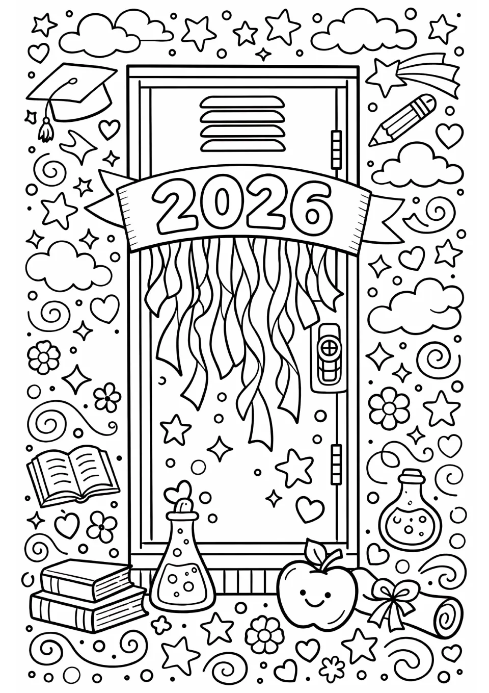 End-of-year coloring sheet featuring a school locker decorated with streamers and a large '2026' banner
