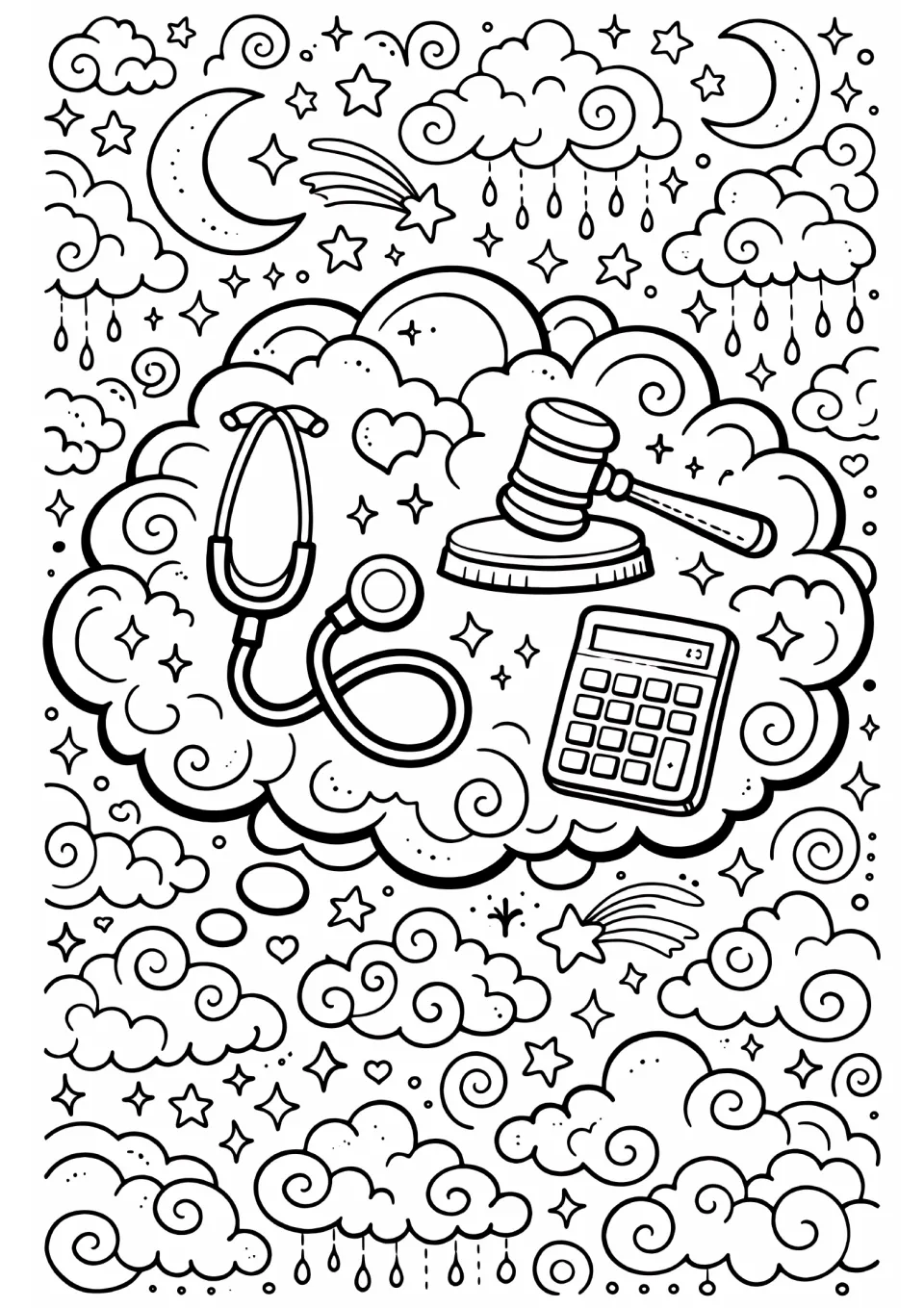 End-of-year coloring sheet featuring a stethoscope, gavel, and calculator inside a large thought bubble
