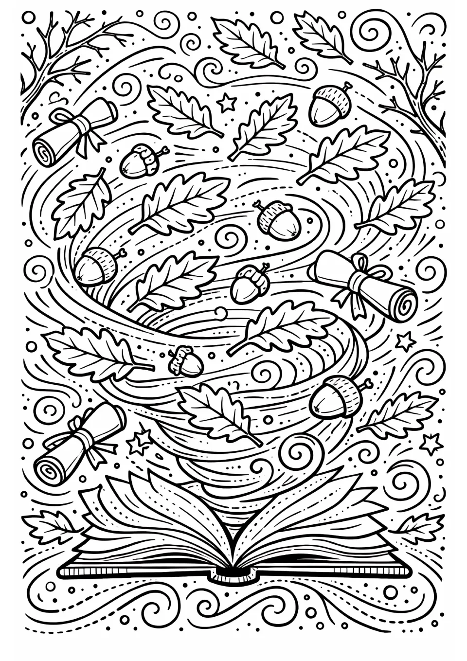 End-of-year coloring sheet featuring an open book beneath swirling leaves, acorns, and rolled diplomas