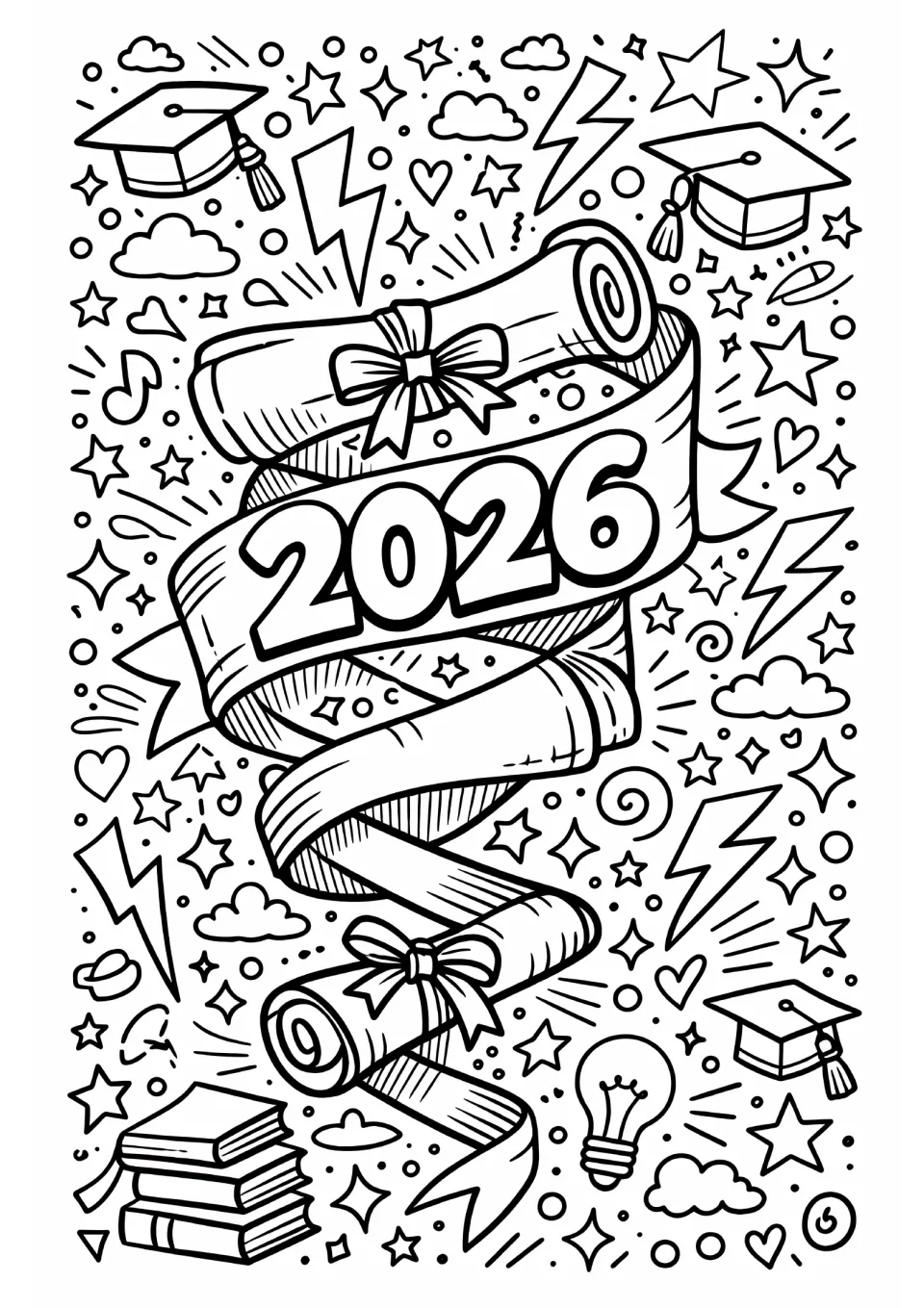 End-of-year coloring sheet featuring a winding '2026' ribbon, rolled diplomas, graduation caps, and books