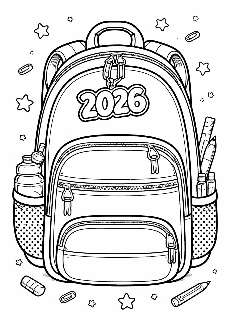 End-of-year coloring sheet featuring a backpack with a '2026' tag, a water bottle, and school supplies