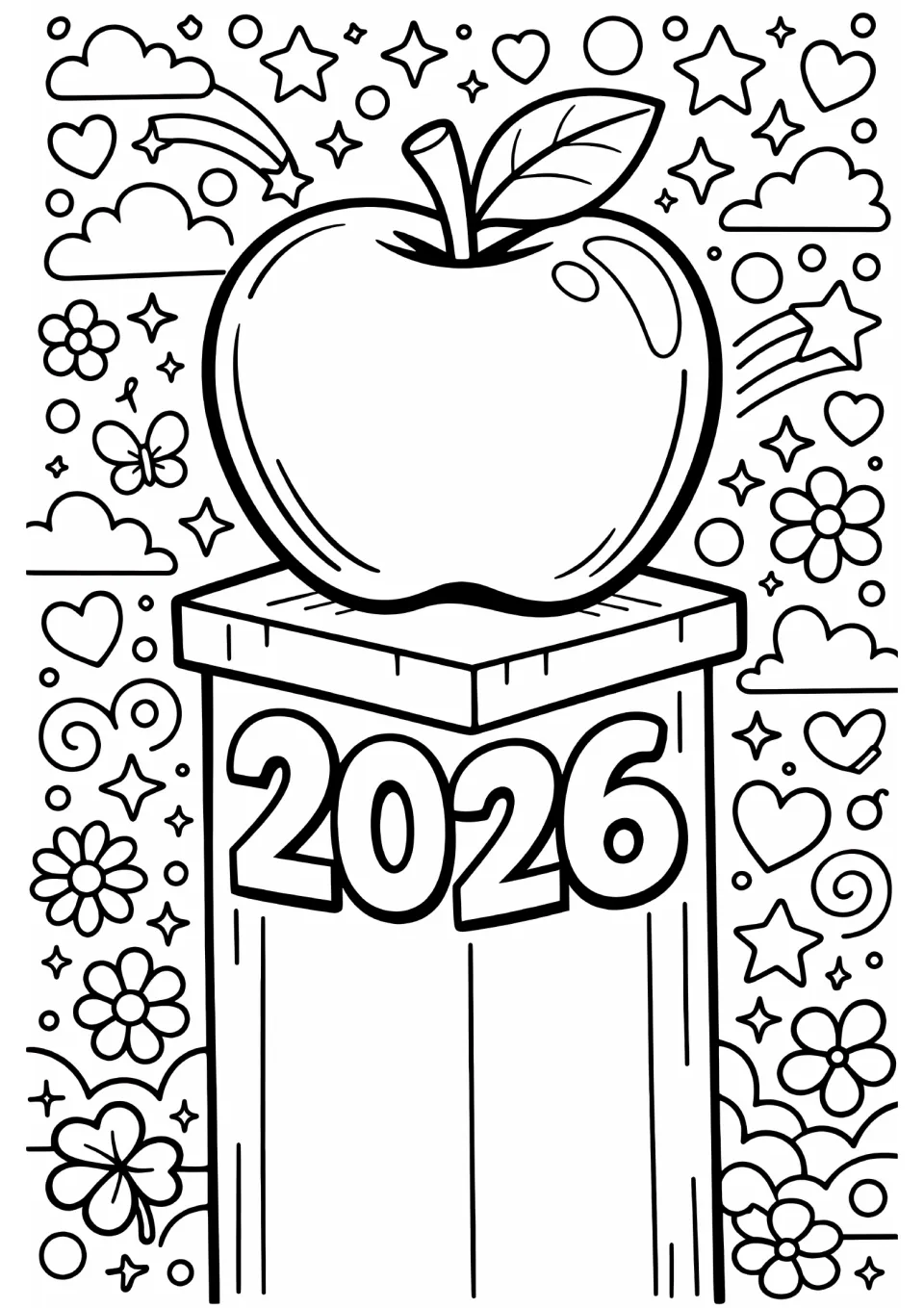 End-of-year coloring sheet featuring a large apple on a pedestal labeled '2026,' surrounded by flowers