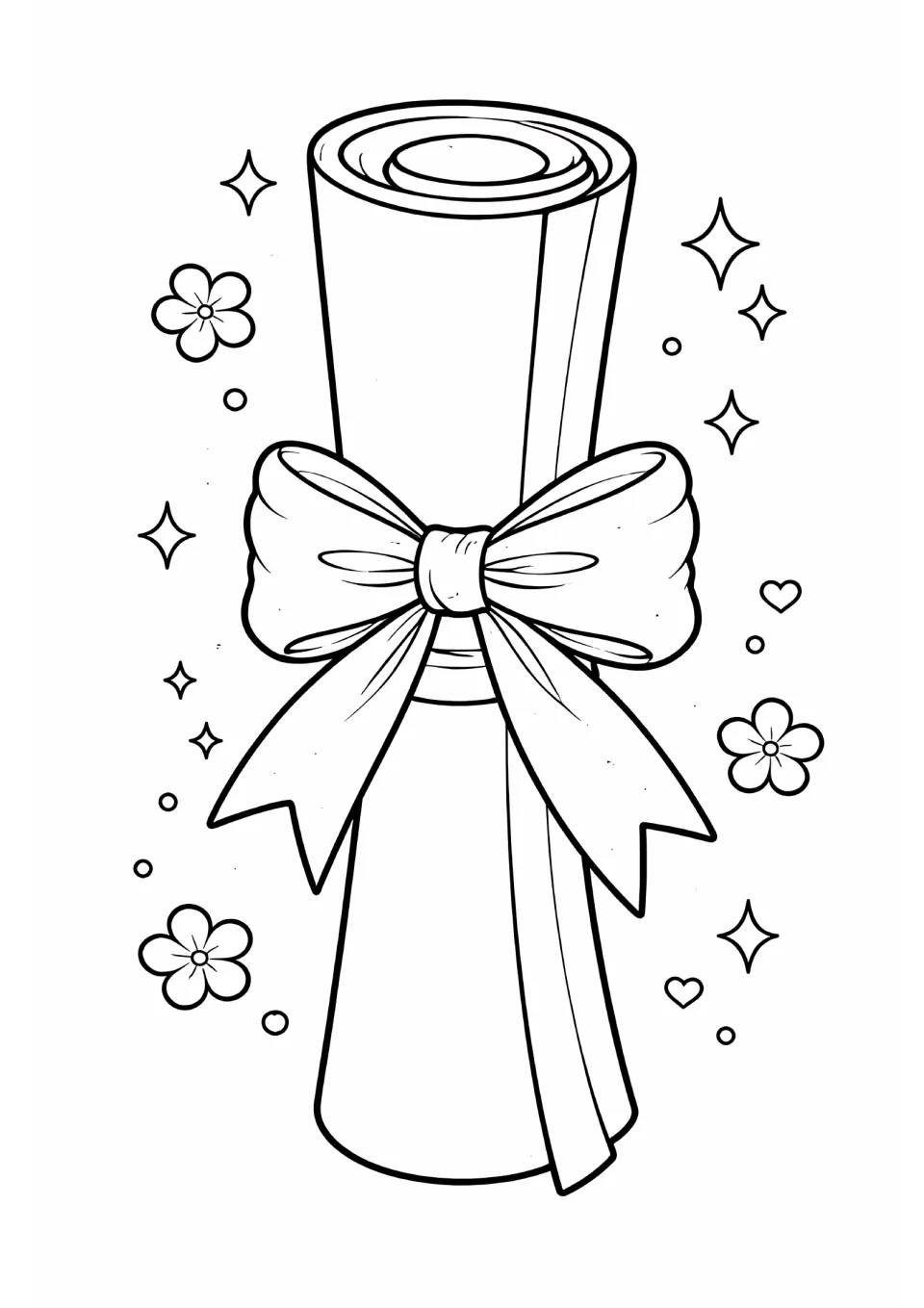 End-of-year coloring sheet featuring a single rolled diploma tied at the center with a large ribbon bow