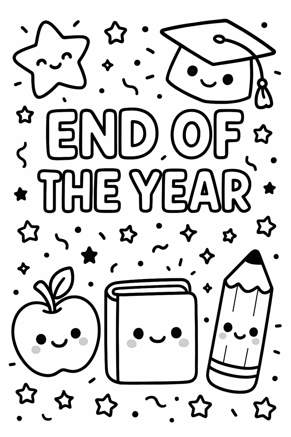 End-of-year coloring sheet reading "END OF THE YEAR" with a graduation cap, smiling apple, book, and pencil