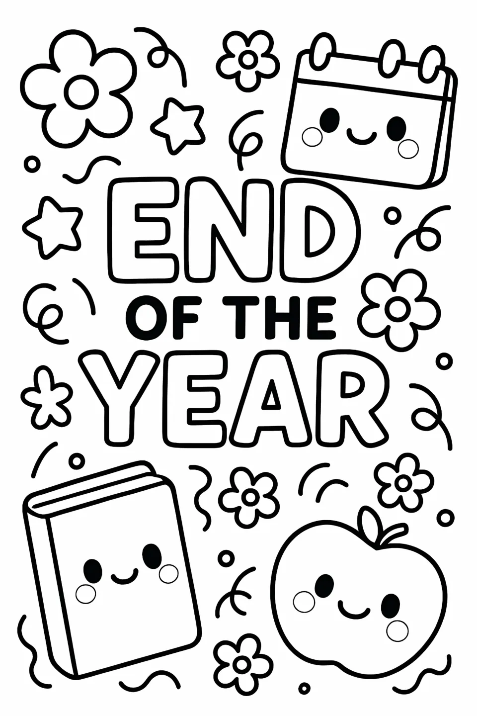 End-of-year coloring sheet reading "END OF THE YEAR" with a smiling calendar, book, apple, and flowers