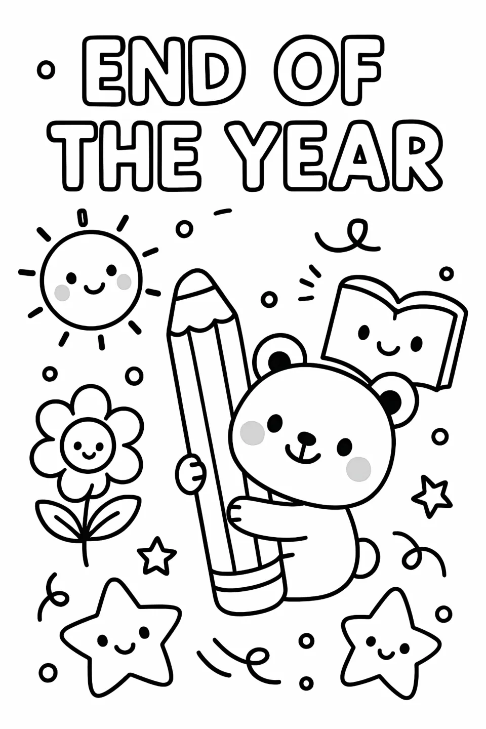 End-of-year coloring sheet reading "END OF THE YEAR" with a bear holding a pencil, an open book, and sun