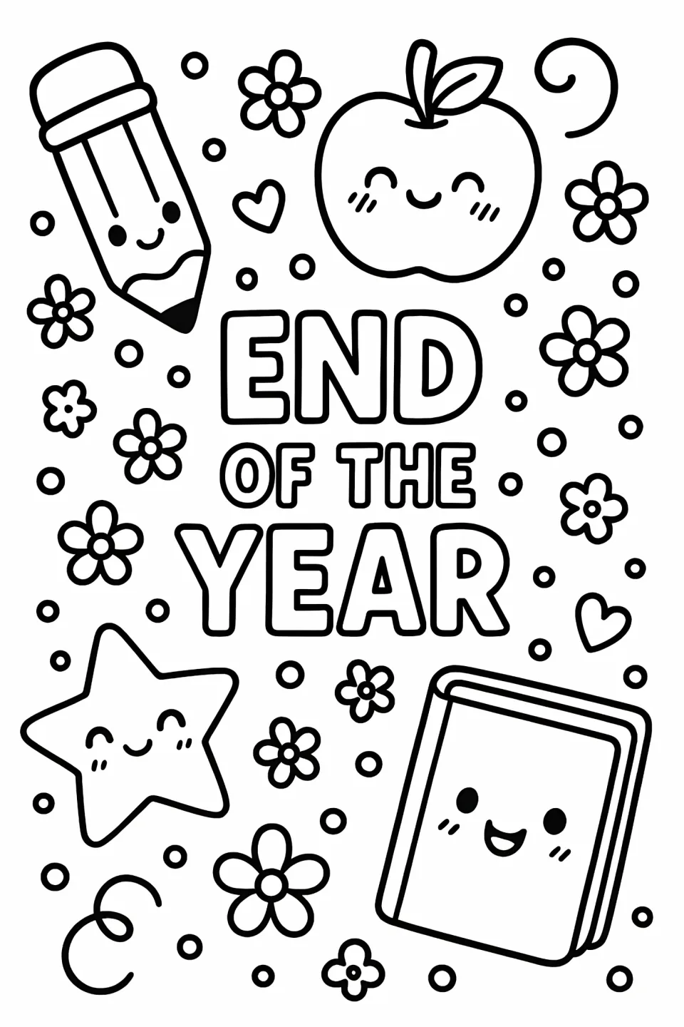 End-of-year coloring sheet reading "END OF THE YEAR" with a smiling pencil, apple, star, book, and flowers