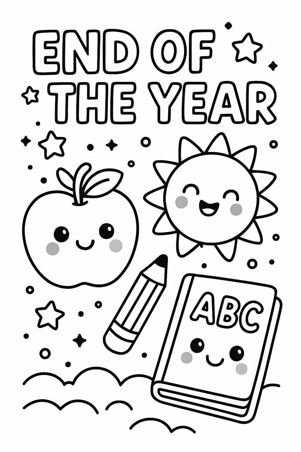 End-of-year coloring sheet reading "END OF THE YEAR" with a smiling apple, sun, pencil, and an ABC book