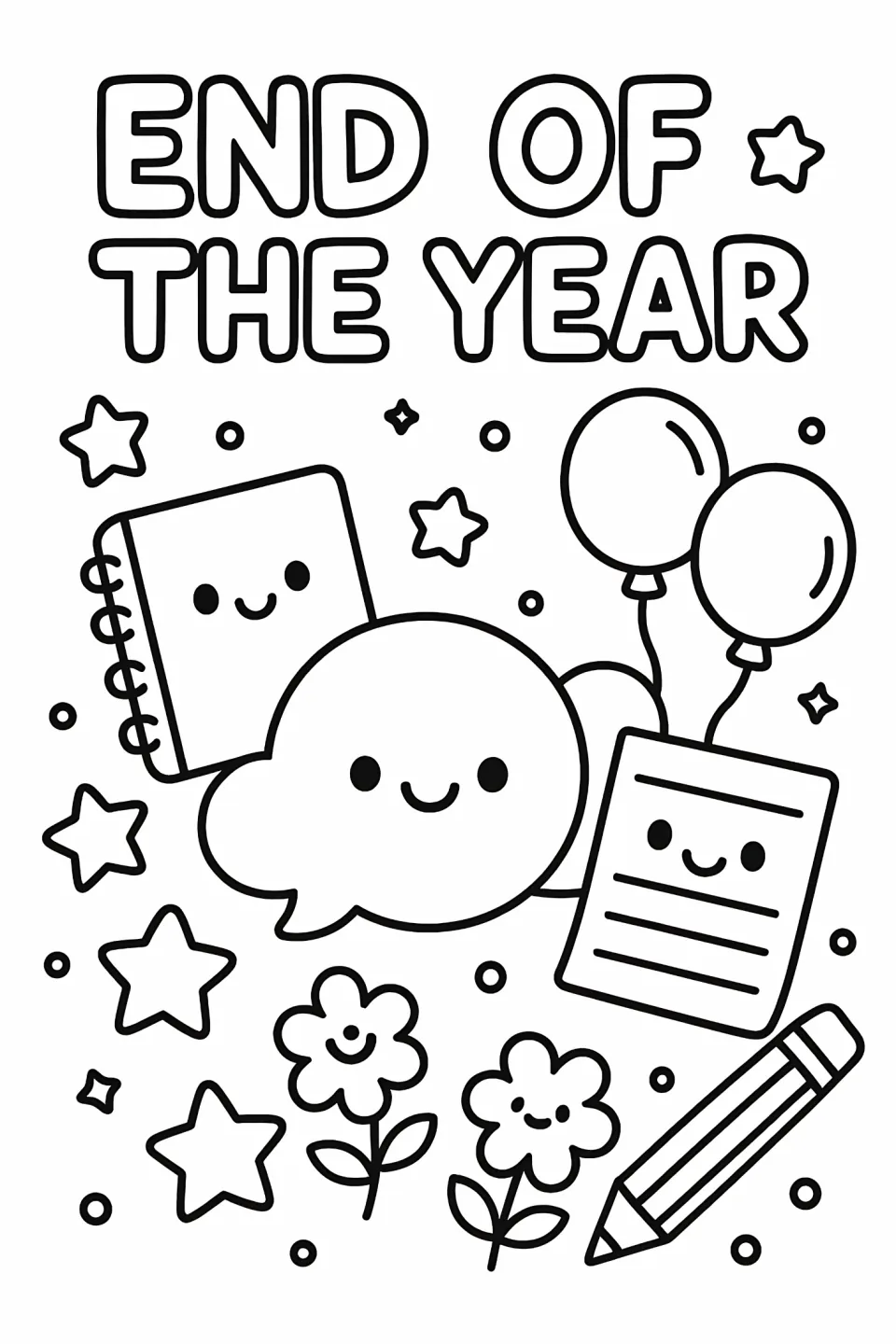 End-of-year coloring sheet reading "END OF THE YEAR" with a notebook, speech bubble, balloons, and pencil