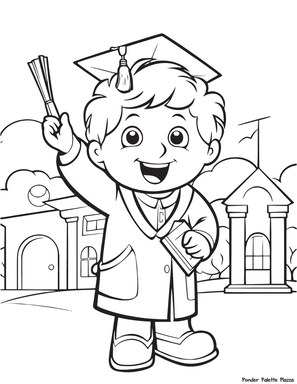 Graduation coloring page: students color a smiling boy in cap and gown waving a diploma and holding a book outside school