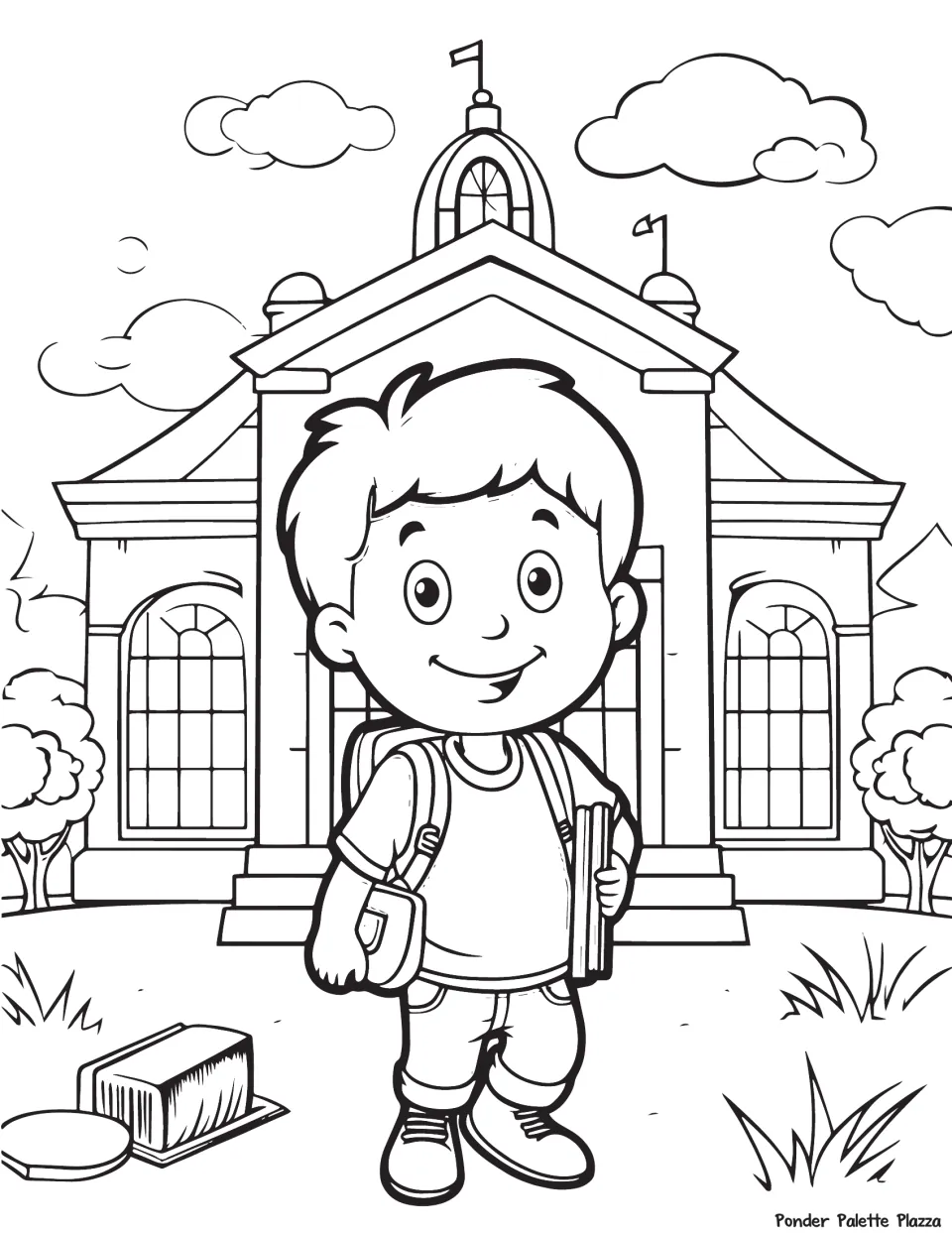Leaving school coloring page: students color a boy with a backpack and books standing before a domed school with trees