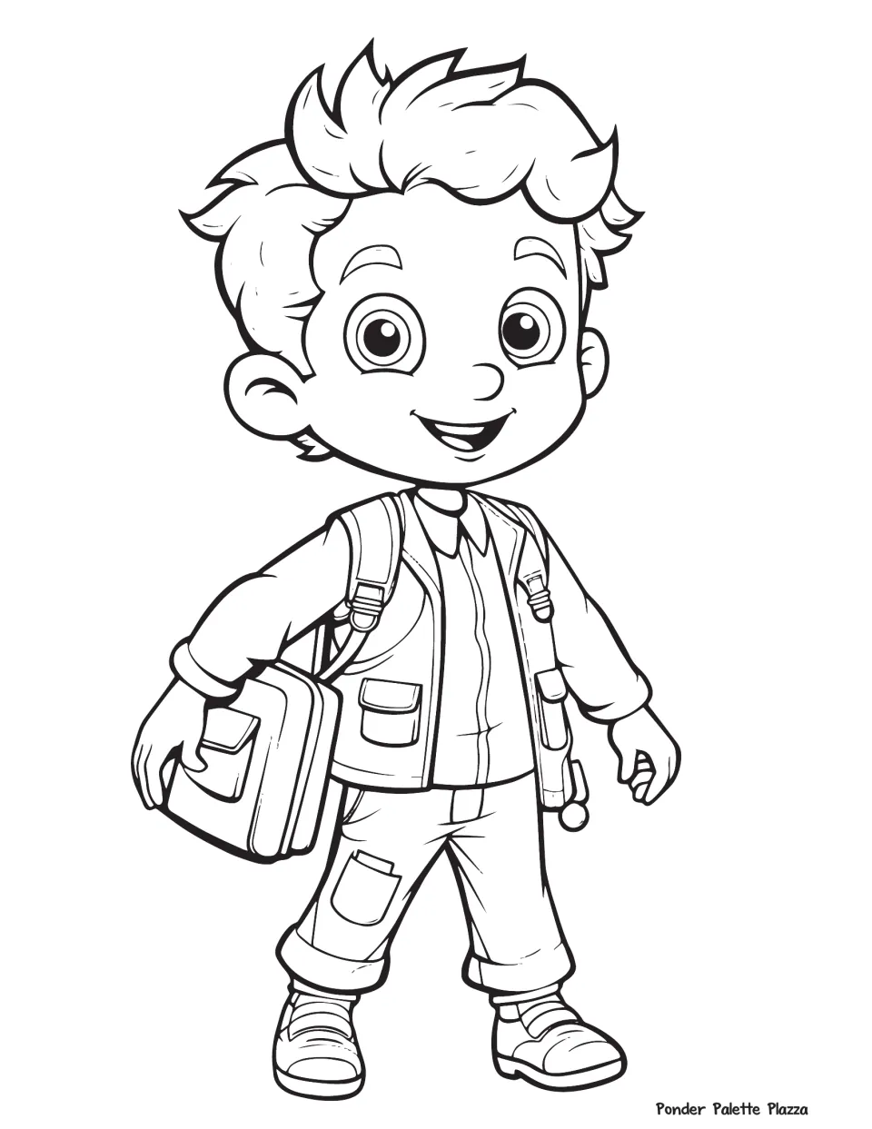 Last day of school coloring page: students color a smiling boy in a vest and rolled-up pants carrying a school bag